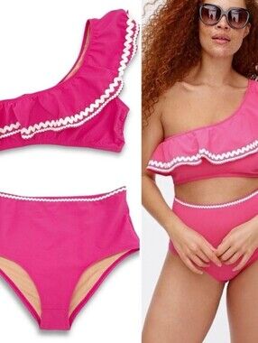 J. Crew Pink One-Shoulder Ruffle Bikini Set with White Trim